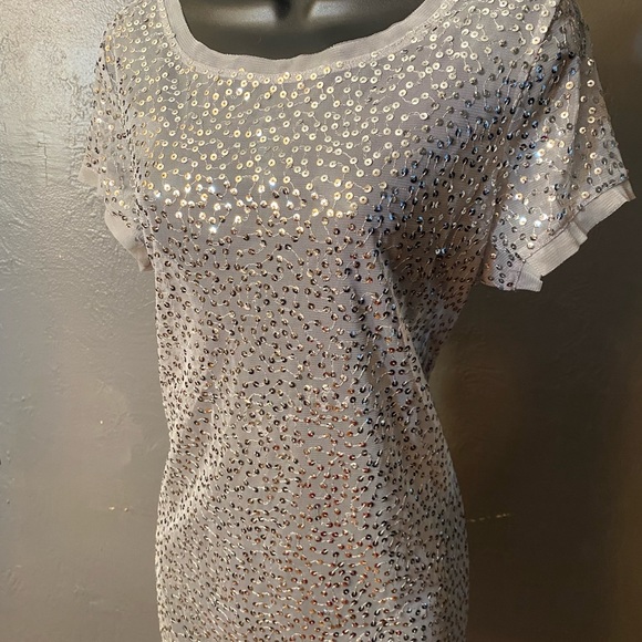 INC Semi sheer silver sequin short sleeve top - Picture 6 of 16